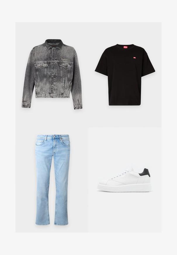 Spijkerjack in gewassen zwart met een klassiek ontwerp, voorzien van een leren kraag, twee borstzakken en metalen knopen. Zachte textuur.; Zwarte katoenen t-shirt met ronde hals, korte mouwen en een klein rood Diesel-logo op de borst. Rechte zoom, minimalistisch ontwerp.; Lichtblauwe jeans van denim hebben een recht model, vijf zakken en een knoopsluiting. De stof heeft een zachte textuur met vervaagde accenten.; Witte leren sneaker met een zwarte haklip, platte veters, gestructureerde tussenzool en branding aan de buitenzijde. Ontworpen voor casual gebruik.