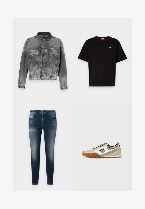 Spijkerjack in gewassen zwart met een klassiek ontwerp, voorzien van een leren kraag, twee borstzakken en metalen knopen. Zachte textuur.; Zwarte katoenen t-shirt met ronde hals, korte mouwen en een klein rood Diesel-logo op de borst. Rechte zoom, minimalistisch ontwerp.; Donkerblauwe denim jeans met een slim fit, voorzien van een vervaagde was, lichte slijtage en een klassieke vijf-pocket stijl.; Athletische sneakers met een beige bovenwerk met grijze en witte accenten, gestructureerd suède en een patroonrubberen zool. Inclusief bruine veters en een treklus.