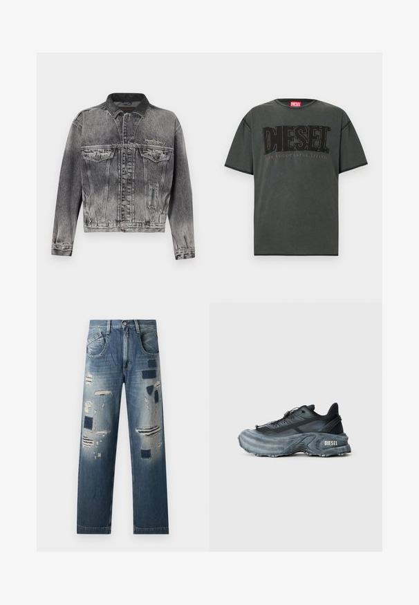 Jeansjacke in gewaschenem Schwarz mit klassischem Design, ausgestattet mit einem Lederkragen, zwei Brusttaschen und metallischen Knöpfen. Weiche Textur.; Dunkelgraues Kurzarm-T-Shirt aus Baumwolle. Verfügt über ein großes schwarzes DIESEL-Logo und den Schriftzug "FOR SUCCESSFUL LIVING" in kontrastierendem Design.; Jeans aus Denim mit abgenutzten Flicken und verschiedenen Blautönen, im geraden Schnitt und mit klassischem Fünf-Taschen-Design.; Schwarz- und graue Diesel-Sneaker mit dicker Sohle, Schnürverschluss und strukturiertem Design auf einem schlichten hellgrauen Hintergrund.