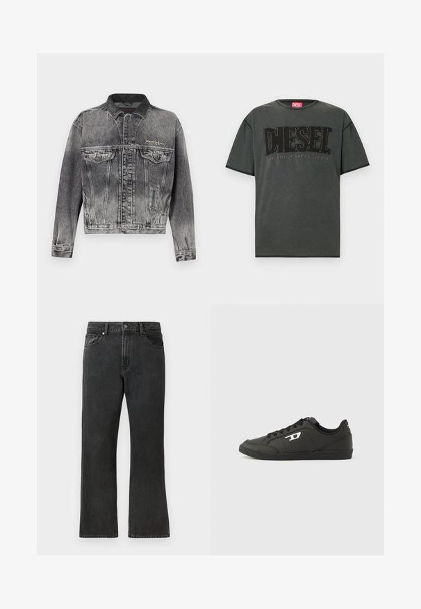Spijkerjack in gewassen zwart met een klassiek ontwerp, voorzien van een leren kraag, twee borstzakken en metalen knopen. Zachte textuur.; Donkergrijs T-shirt met korte mouwen van katoen. Heeft een groot zwart DIESEL-logo en de tekst "FOR SUCCESSFUL LIVING" in een contrasterend ontwerp.; Zwarte denim jeans met een rechte pasvorm, met een middelhoge taille, vijf zakken en een knoopsluiting. Subtiele vervaagde textuur overal.; Zwarte sneakers van synthetisch materiaal met een geribbelde zwarte zool, ronde neus en vlakke zwarte veters. Opvallend wit logomerk aan de buitenzijde.