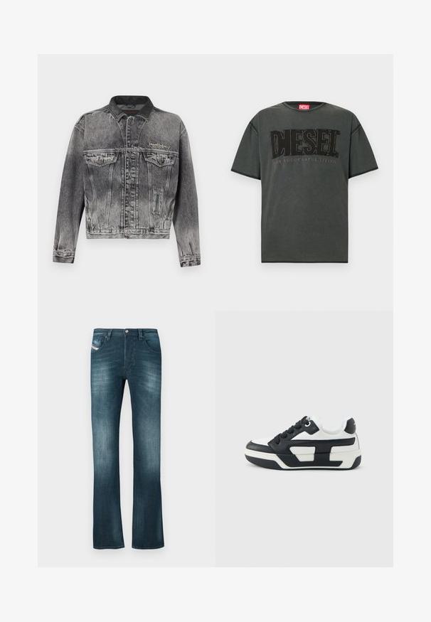 Veste en jean noire délavée avec un design classique, dotée d'un col en cuir, de deux poches poitrine et de boutons métalliques. Texture douce.; T-shirt à manches courtes gris foncé en coton. Présente un grand logo DIESEL noir et le texte "FOR SUCCESSFUL LIVING" dans un design contrastant.; Jeans en denim bleu foncé avec une légère décoloration, coupe droite, deux poches avant et une petite étiquette de marque sur la poche droite.; Basket basse en noir et blanc avec semelle épaisse, lacets noirs et design de panneaux contrastants sur le côté, vue de profil gauche.