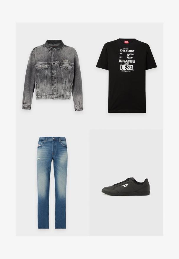 Veste en jean noire délavée avec un design classique, dotée d'un col en cuir, de deux poches poitrine et de boutons métalliques. Texture douce.; T-shirt noir en coton avec des graphismes textuels blancs audacieux, incluant "DIESEL" et "INDUSTRY", avec un col rond et des manches courtes.; Jeans en denim bleu avec un design à jambe droite, présentant un léger délavage, un petit détail usé à l'avant et un style classique à cinq poches.; Baskets synthétiques noires avec une semelle noire texturée, un bout rond et des lacets plats noirs. Logo blanc remarquablement placé sur le côté extérieur.