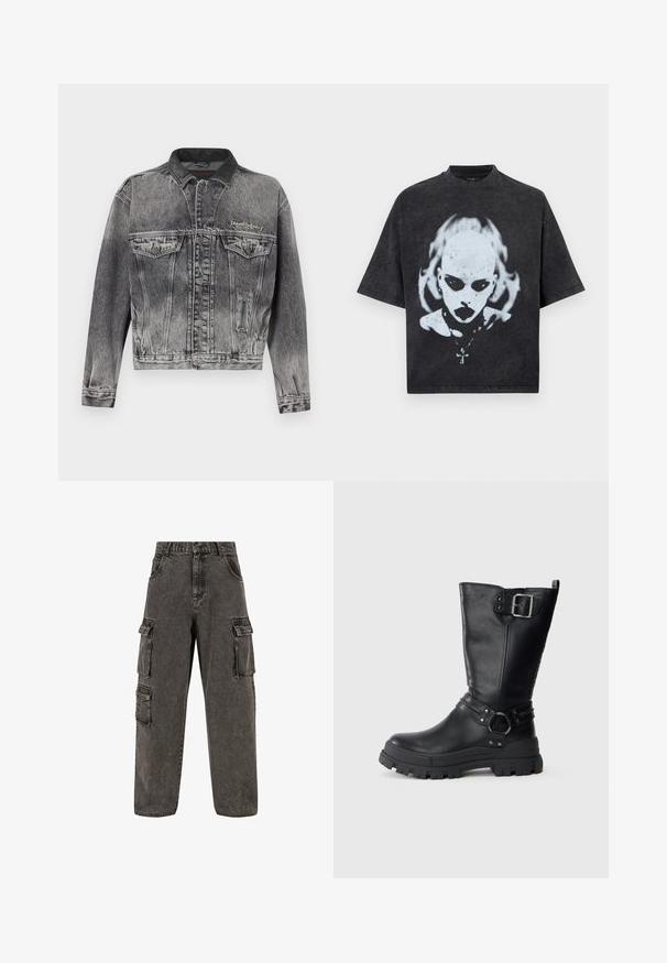 Jeansjacke in gewaschenem Schwarz mit klassischem Design, ausgestattet mit einem Lederkragen, zwei Brusttaschen und metallischen Knöpfen. Weiche Textur.; Schwarzes Oversized-T-Shirt mit einem weißen Motiv eines glatzköpfigen Menschen mit dunklen Augen, Lippenstift, Piercings und einer Halskette mit Kreuzanhänger.; Karl Kani OG BAGGY - Jeans Relaxed Fit - grey; Schwarze Lederkniehohe Stiefel mit einer klobigen Gummisohle, ausgestattet mit einer seitlichen Schnalle, einem Riemendetail und einer strukturierten Oberfläche.