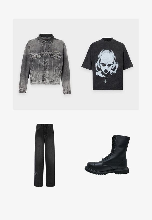 Denimjakke i vasket sort med et klassisk design, der har en læderkrave, to brystlommer og metal knapper. Blød tekstur.; Sort oversized T-shirt med en hvid grafik af en skaldet person med mørke øjne, læbestift, piercinger og en halskæde med et korsvedhæng.; Sorte denim bukser med bred benvidde og høj talje, med to forlommer og en dekorativ logodetalje på det nederste ben.; Sort læder snørebåndsstøvle med rund tå, høj skaft, tyk gummisål og struktureret overflade. Har forstærket syning langs sømmene.