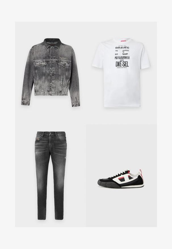Denimjakke i vasket sort med et klassisk design, der har en læderkrave, to brystlommer og metal knapper. Blød tekstur.; Hvid bomulds-T-shirt med fed sort typografi med ordene "BRAVES" og "DIE-SEL INDUSTRY" samt et semi-transparent udskåret design.; Grå denimjeans med slim fit, der har let slidte kanter, distressed detaljer og traditionel knaplukning.; Diesel S PAGODHA LOW - Sneakers - black
