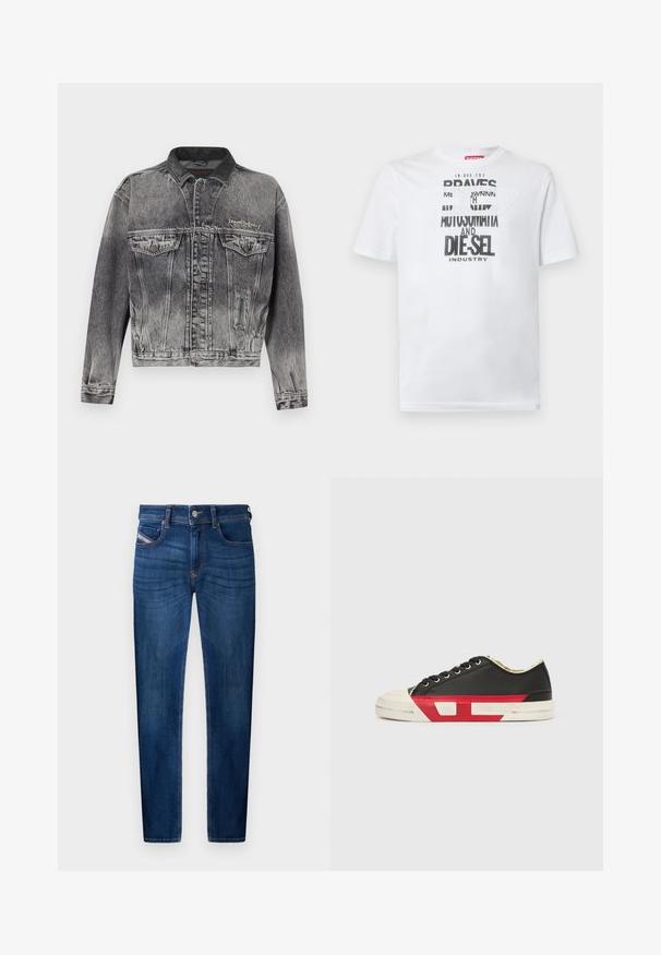 Denimjakke i vasket sort med et klassisk design, der har en læderkrave, to brystlommer og metal knapper. Blød tekstur.; Hvid bomulds-T-shirt med fed sort typografi med ordene "BRAVES" og "DIE-SEL INDUSTRY" samt et semi-transparent udskåret design.; Mørkeblå denim jeans med lige ben, fem-lomme design, synlige syninge detaljer og metal knaplukning.; Sort lærredssneaker med røde accenter, gummiklædt tåkap og hvid sål. Har sorte snørebånd og et tekstureret mønster på siden.