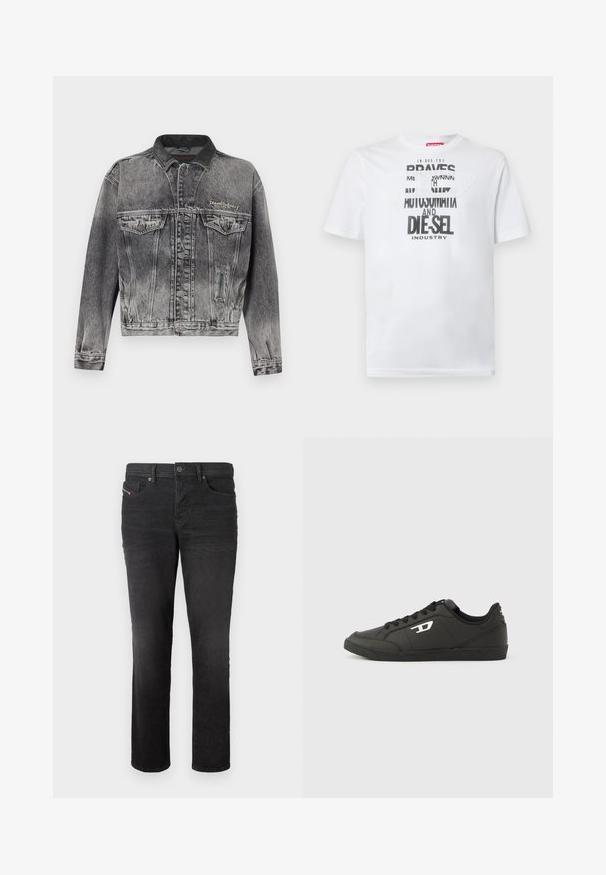 Veste en jean noire délavée avec un design classique, dotée d'un col en cuir, de deux poches poitrine et de boutons métalliques. Texture douce.; T-shirt en coton blanc avec une typographie noire audacieuse affichant les mots "BRAVES" et "DIE-SEL INDUSTRY" ainsi qu'un design découpé semi-transparent.; Jean en denim noir avec une coupe droite, comportant cinq poches, une fermeture à bouton et des détails de coutures subtiles à l'avant.; Baskets synthétiques noires avec une semelle noire texturée, un bout rond et des lacets plats noirs. Logo blanc remarquablement placé sur le côté extérieur.