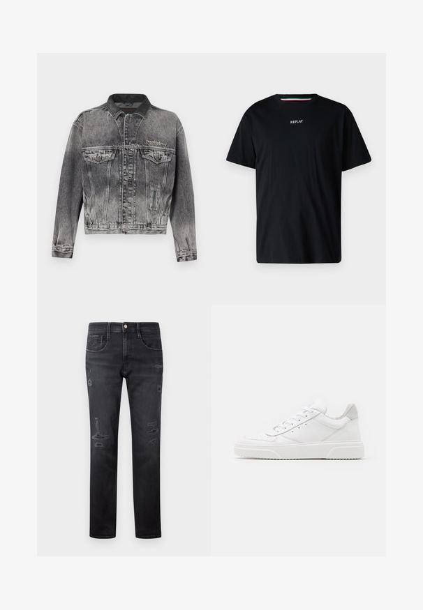 Veste en jean noire délavée avec un design classique, dotée d'un col en cuir, de deux poches poitrine et de boutons métalliques. Texture douce.; T-shirt en coton noir avec col rond et manches courtes. Le mot "REPLAY" est brodé en blanc sur la poitrine.; Jeans en denim noir à coupe droite, avec des patchs déchirés, cinq poches, un petit bouton en métal et des passants de ceinture à la taille.; Des baskets en cuir blanc avec une finition lisse, un bout rond, des lacets plats et une semelle texturée. Accents en daim gris au niveau du talon.