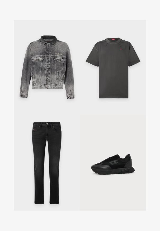 Spijkerjack in gewassen zwart met een klassiek ontwerp, voorzien van een leren kraag, twee borstzakken en metalen knopen. Zachte textuur.; Donkergrijze Diesel t-shirt met korte mouwen, contrasterende stikken en een klein rood logo op de borst en binnen de kraag.; Zwarte spijkerbroek van denim met een rechte pijp design, voorzien van voor- en achterzakken, subtiele vervaging en een metalen knoopsluiting.; Zwarte lage sneaker met een gestructureerde zool, mesh en leren bovenwerk, veters aan de voorkant en een klein reliëflogo op het zijpaneel.