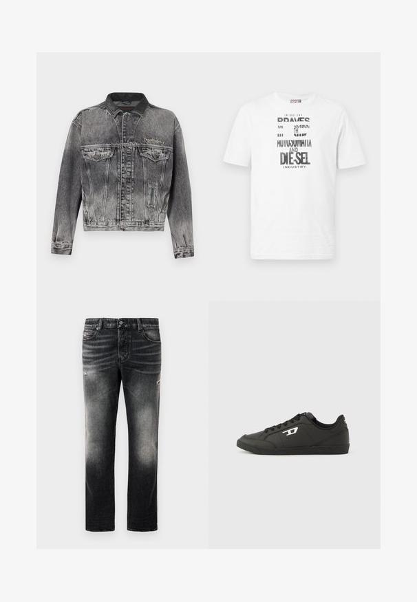 Jeansjacke in gewaschenem Schwarz mit klassischem Design, ausgestattet mit einem Lederkragen, zwei Brusttaschen und metallischen Knöpfen. Weiche Textur.; Weißes Diesel T-Shirt mit kurzen Ärmeln, schwarzem und weißem grafischem Text und Logo auf der Vorderseite, rundem Ausschnitt und rotem Logoschild an der Seitennaht.; Schwarze Jeans mit einem verblassten Finish und verwaschenen Akzenten, klassisches Fünf-Taschen-Design und Reißverschluss. Hergestellt aus Denim-Stoff.; Schwarze Sneakers aus synthetischem Material mit einer strukturierten schwarzen Sohle, rundem Zehenbereich und flachen schwarzen Schnürsenkeln. Auffälliges weißes Logo auf der Außenseite.