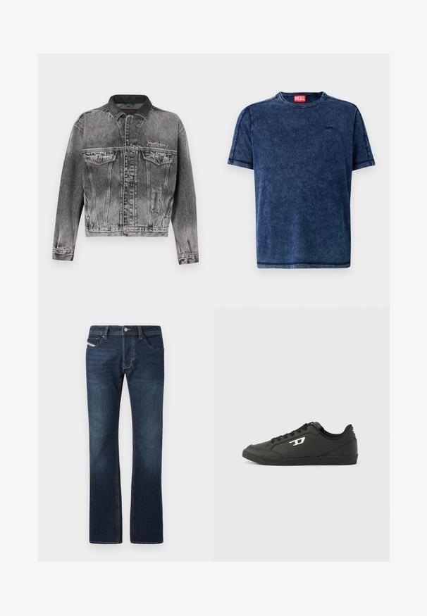 Denimjakke i vasket sort med et klassisk design, der har en læderkrave, to brystlommer og metal knapper. Blød tekstur.; Marineblå denim t-shirt med korte ærmer, rund hals og diskret logo-detalje. Har kontrasterende sømme langs kanterne.; Mørkeblå denim jeans med lige ben, fem lommer og diskrete syningsdetaljer. Har metalknap og lynlås. ; Sorte syntetiske sneakers med en struktureret sort sål, rund tå og flade sorte snørebånd. Fremtrædende hvidt logo på ydersiden.