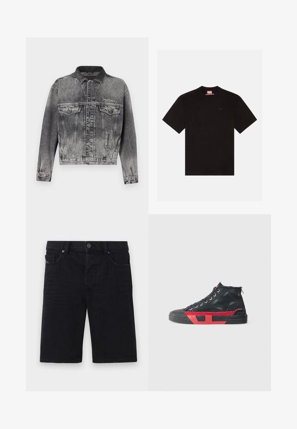 Veste en jean noire délavée avec un design classique, dotée d'un col en cuir, de deux poches poitrine et de boutons métalliques. Texture douce.; T-shirt en coton noir à manches courtes, col ras du cou, et un petit logo embossé sur la poitrine. Étiquette de marque rouge au niveau du col.; Shorts en denim noir avec une coupe droite, cinq poches, éléments en métal et coutures visibles. Texture douce et design simple.; Baskets montantes noires avec des accents rouges et une finition usée. Caractérisées par une tige en toile texturée et une semelle en caoutchouc avec un design découpé.