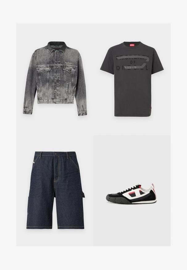 Veste en jean noire délavée avec un design classique, dotée d'un col en cuir, de deux poches poitrine et de boutons métalliques. Texture douce.; T-shirt en coton gris avec un texte noir audacieux indiquant "PROPERTY OF D.I.E.S.E.L.", à la texture lisse et manches courtes.; Shorts en denim bleu foncé avec une coupe droite, cinq poches, des détails de couture jaune et une poche latérale pour une fonctionnalité supplémentaire.; Diesel S PAGODHA LOW - Baskets basses - black