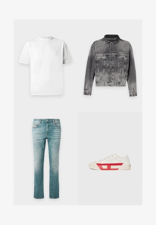 Denimjakke i vasket sort med et klassisk design, der har en læderkrave, to brystlommer og metal knapper. Blød tekstur.; Hvid kortærmet T-shirt med rund halsudskæring, der har en subtil tekstur og en lille logo-detail på venstre skulder.; Lyseblå denimjeans med lige pasform, fem lommer, subtilt slid og en klassisk knaplukning i taljen.; Lærreds sneakers med en hvid overdel, røde gummidetaljer og et tekstureret design. Har en rund tå og fem huller til snørebånd.