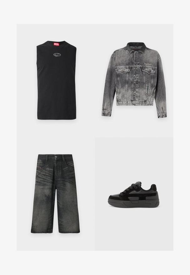 Veste en jean noire délavée avec un design classique, dotée d'un col en cuir, de deux poches poitrine et de boutons métalliques. Texture douce.; T-shirt sans manches noir en coton, avec un col rond et un logo argenté sur la poitrine. Design simple et uni sans motifs.; Shorts noirs en denim à jambes larges avec bouton sur le devant, fermeture éclair, passants pour ceinture et détails de texture délavée.; Baskets noires en mélange de matériaux lisses et texturés, dotées d'un bout rond, d'une semelle épaisse et d'une fermeture à lacets. Design minimaliste avec des accents.