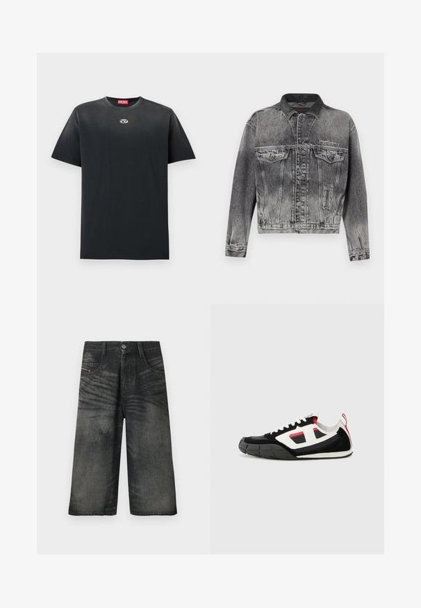 Jeansjacke in gewaschenem Schwarz mit klassischem Design, ausgestattet mit einem Lederkragen, zwei Brusttaschen und metallischen Knöpfen. Weiche Textur.; Schwarzes Baumwoll-T-Shirt mit Rundhalsausschnitt, lockerer Passform, kurzen Ärmeln und kleinem silbernen Logo auf der Brust. Glatte Textur, minimalistisches Design.; Schwarze Denim-Shorts mit weitem Bein, vorne mit Knöpfen, Reißverschluss, Gürtelschlaufen und verblassten Designdetails.; Diesel S PAGODHA LOW - Sneaker low - black