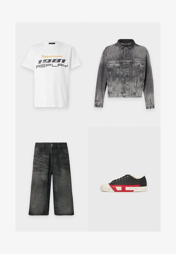Jeansjacke in gewaschenem Schwarz mit klassischem Design, ausgestattet mit einem Lederkragen, zwei Brusttaschen und metallischen Knöpfen. Weiche Textur.; Replay SHORT SLEEVE GRAPHIC - T-Shirt print - natural white; Schwarze Denim-Shorts mit weitem Bein, vorne mit Knöpfen, Reißverschluss, Gürtelschlaufen und verblassten Designdetails.; Schwarzer Leinensneaker mit roten Akzenten, Gummizehenschutz und weißer Sohle. Verfügt über schwarze Schnürsenkel und ein strukturiertes Design an der Seite.