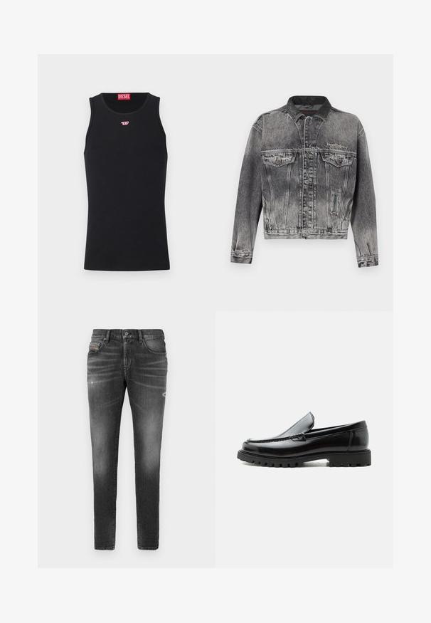Jeansjacke in gewaschenem Schwarz mit klassischem Design, ausgestattet mit einem Lederkragen, zwei Brusttaschen und metallischen Knöpfen. Weiche Textur.; Schwarzes ärmelloses Diesel Tanktop mit kleinem roten und weißen Logo auf der Brust und rotem Diesel-Label innen im Kragen.; Graue Denim-Jeans mit schlankem Schnitt, die über leicht abgewetzte Bereiche, distressed Details und einen traditionellen Knopfverschluss verfügen.; Schwarzer Lederloafer mit grober Gummisohle, genähter Oberseite und geprägtem Markennamen an der Ferse, seitlich auf weißem Hintergrund gezeigt.