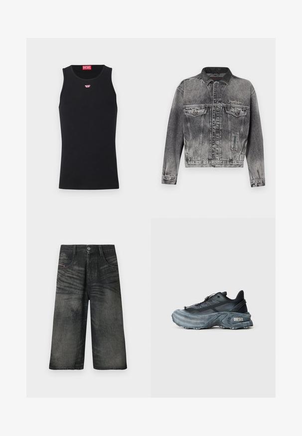 Denimjakke i vasket sort med et klassisk design, der har en læderkrave, to brystlommer og metal knapper. Blød tekstur.; Sort ærmeløs Diesel tanktop med lille rødt og hvidt logo på brystet og rød Diesel-etiket indeni kraven.; Sorte cowboyshorts med brede ben, foran knap, lynlås, bærestropper og detaljer med falmet tekstur.; Sort og grå Diesel sneakers med tyk sål, snørrebåndslukning og tekstureret design på en ensfarvet lysegrå baggrund.
