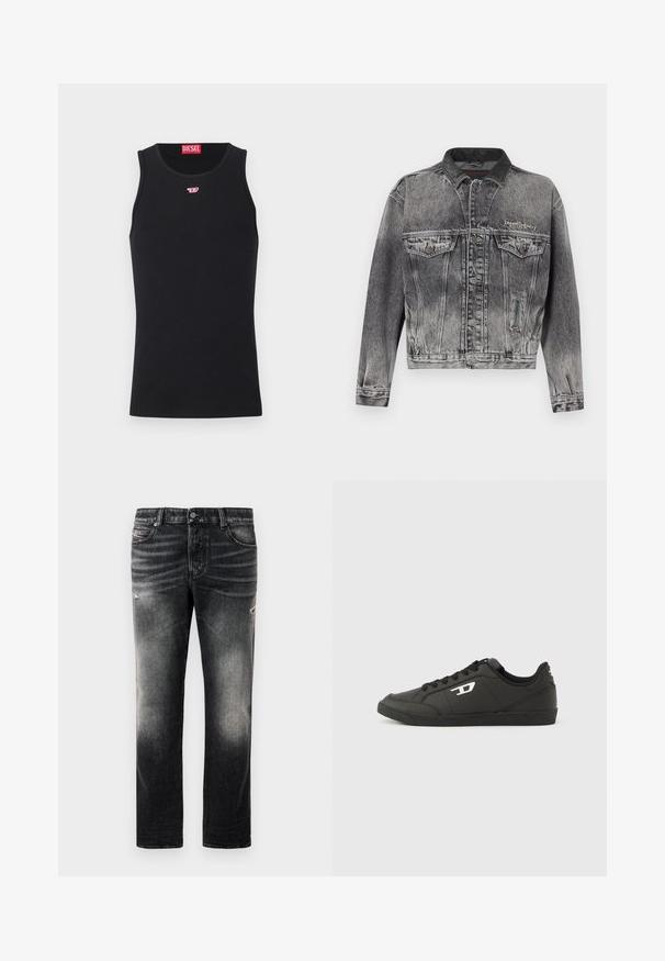 Jeansjacke in gewaschenem Schwarz mit klassischem Design, ausgestattet mit einem Lederkragen, zwei Brusttaschen und metallischen Knöpfen. Weiche Textur.; Schwarzes ärmelloses Diesel Tanktop mit kleinem roten und weißen Logo auf der Brust und rotem Diesel-Label innen im Kragen.; Schwarze Jeans mit einem verblassten Finish und verwaschenen Akzenten, klassisches Fünf-Taschen-Design und Reißverschluss. Hergestellt aus Denim-Stoff.; Schwarze Sneakers aus synthetischem Material mit einer strukturierten schwarzen Sohle, rundem Zehenbereich und flachen schwarzen Schnürsenkeln. Auffälliges weißes Logo auf der Außenseite.