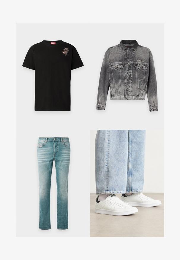 Jeansjacke in gewaschenem Schwarz mit klassischem Design, ausgestattet mit einem Lederkragen, zwei Brusttaschen und metallischen Knöpfen. Weiche Textur.; Schwarzes Baumwoll-T-Shirt mit kurzen Ärmeln, das ein dekoratives Spinnennetz-Design auf der linken Brust sowie ein rotes Diesel-Logo-Label am Kragen aufweist.; Hellblaue Jeans aus Denim mit geradem Schnitt, fünf Taschen, dezentem Used-Look und klassischem Knopfverschluss an der Taille.; Weiße Sneaker mit einer glatten Ledertextur, schwarzen Fersenakzenten und perforierten Details. Kombiniert mit hellblauen, weiten Jeanshosen.