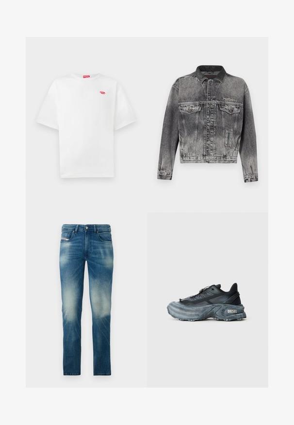 Spijkerjack in gewassen zwart met een klassiek ontwerp, voorzien van een leren kraag, twee borstzakken en metalen knopen. Zachte textuur.; Witte katoenen t-shirt met korte mouwen, ronde hals en rode "DIESEL" logo label. Het heeft een klein rood embleem op de linkerborst.; Blauwe vervaagde slim-fit jeans met een vijfzakkenontwerp en knoopsluiting, weergegeven tegen een effen witte achtergrond.; Zwarte en grijze Diesel sneakers met dikke zool, vetersluiting en gestructureerd ontwerp op een effen lichtgrijze achtergrond.