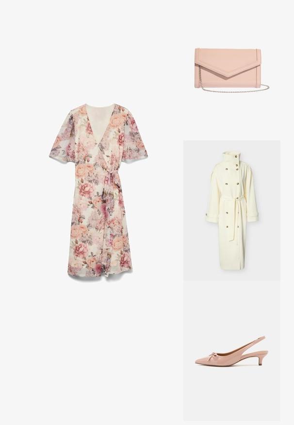 Lang cremefarvet trenchcoat med høj krave, dobbeltradede knapper, bælte i taljen og manchetter med knapper, vist på hvid baggrund.; Blomstret omslagskjole med rosa og lilla blomster, korte ærmer, V-udskæring og bælte med sidebind på hvid baggrund.; Patenteret pink slingback hæle med spids tå, sløjfedetalje foran og lav kittenhæl. Glat tekstur med en blank finish.; Blush pink læderkuvert clutch med en sølvkæde strop og rene syningsdetaljer på en hvid baggrund.