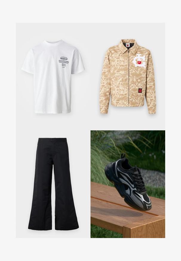 Beige jas met ritssluiting met lichtbruin camouflagepatroon, wit abstract ontwerp met rode appel op de borst en een klein zwart-rood embleem bij de zoom.; Witte katoenen t-shirt met korte mouwen, ronde hals en een grafische print met de tekst "Carhartt WIP" en een voedselillustratie op de borst.; Zwarte broek met wijde pijpen van gladde stof, met voorplooien en een tailleband. Een schoon ontwerp zonder zichtbare patronen of accenten.; Zwarte en grijze sport sneaker met mesh en reflecterende accenten, in balans op de rand van een houten bank buiten.