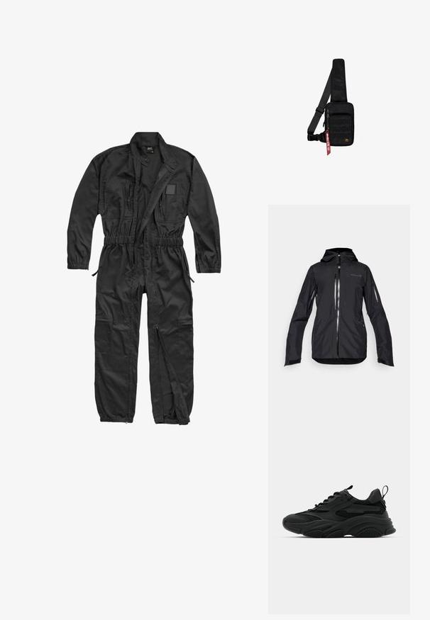 Sort vandtæt jakke med hætte, der har flere lynlåslommer, justerbare manchetter og et slankt, strømlinet design.; Brandit BRANDIT HERREN EINSATZKOMBI - Buksedragter - black; Sorte atletiske sneakers med en kraftig sål, meshpaneler og gummidetaljer. Har en trækflap ved hælen og strukturerede mønstre.; Sort skuldertaske lavet af tekstureret stof. Har et lynlåslukket hovedrum, forlom med webbing, justerbar rem og et dekorativt mærke.