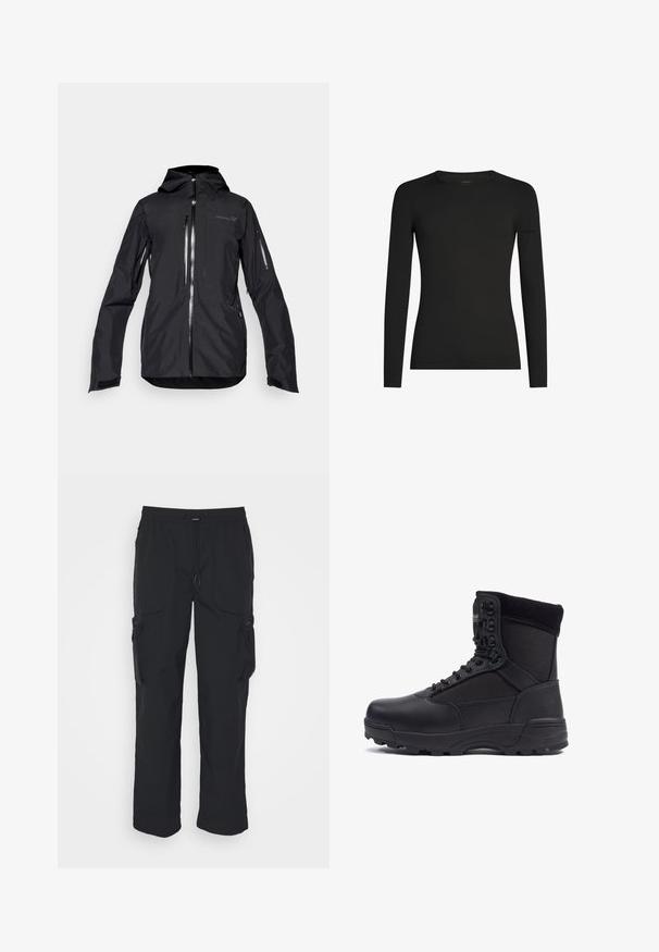 Schwarze wasserdichte Jacke mit Kapuze, ausgestattet mit mehreren Reißverschlusstaschen, verstellbaren Manschetten und einem eleganten, stromlinienförmigen Design.; Schwarzes, langärmeliges, figurbetontes T-Shirt mit Rundhalsausschnitt und dezentem Icebreaker-Logo auf dem linken Ärmel, dargestellt vor weißem Hintergrund.; Schwarze Cargo-Hosen aus gewebtem Stoff. Mit verstellbarem Bund, Seitentaschen und zwei Utility-Taschen mit Reißverschlüssen.; Schwarzer taktischer Stiefel mit einem glatten Lederoberteil und Stoffpaneelen, hoher Knöchelgestaltung, schnürbarem vorderen Teil und robustem Gummisohle.