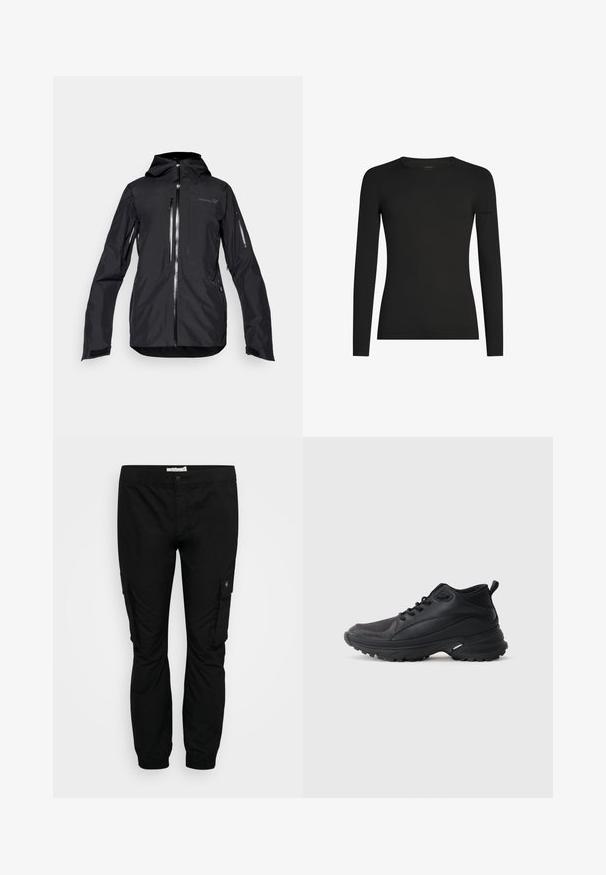 Chaqueta negra impermeable con capucha, que cuenta con múltiples bolsillos con cremallera, puños ajustables y un diseño elegante y aerodinámico.; Camiseta negra de manga larga ajustada con cuello redondo y un sutil logo de Icebreaker en la manga izquierda, mostrada sobre un fondo blanco.; Pantalones cargo negros con cintura elástica, piernas ajustadas y bolsillos laterales. Fabricados con tela ligera y de textura suave.; Zapatillas deportivas negras hechas de material sintético. Presentan un cuello acolchado, puntera redonda, suela resistente con tracción y detalle del logo de la marca.