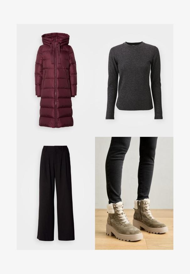 Burgunderfarbener Puffer-Mantel mit Kapuze, ausgestattet mit einem Reißverschluss vorne, seitlichen Taschen und einem gesteppeten Design. Langer und taillierter Schnitt für Wärme.; Schwarzes Langarmshirt mit rundem Ausschnitt, gefertigt aus einem strukturierten, funkelnden Stoff. Das Design ist figurbetont und mit dezenten reflektierenden Fäden versehen.; Schwarze weit geschnittene Hosen aus glattem Stoff, mit Falten an der Vorderseite, einem taillierten Bund und ohne sichtbare Muster oder Akzente.; Olivengrüne Wildleder-Stiefeletten mit einem Kunstfellbesatz, silbernen Beschlägen und einer chunky, beigefarbenen Plateausohle. Mit Schnürsenkeln und einem seitlichen Reißverschluss.