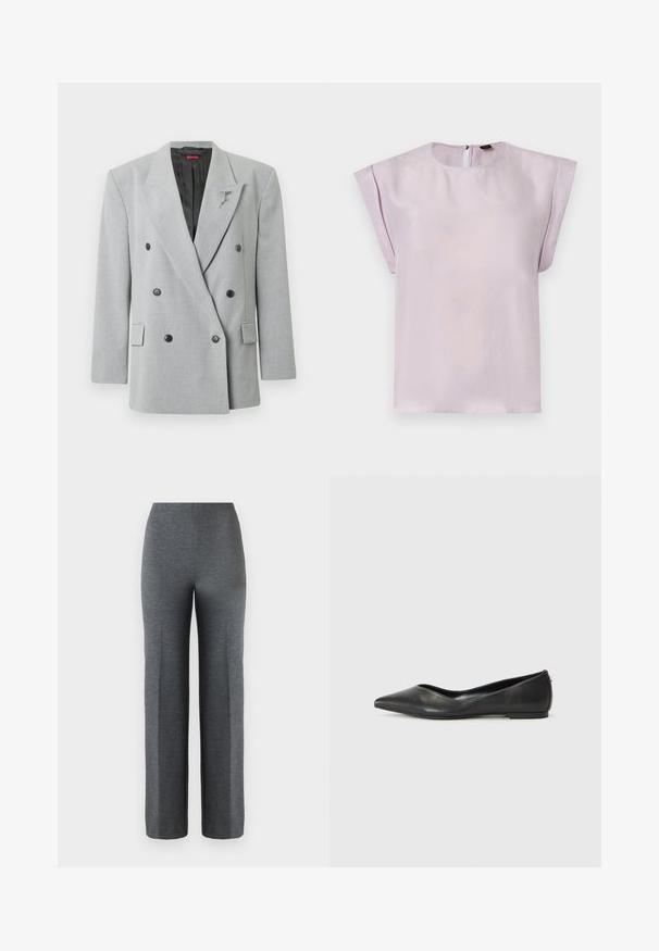 Grå dobbeltradet blazer med sorte knapper, skræddersyet pasform, hakkede revers og en dekorativ nål på venstre side.; Lilla silke bluse med rund halsudskæring, korte draperede ærmer og lukning med nøglehul på ryggen. Glat tekstur med et minimalistisk design.; Grå, vide bukser lavet af et blødt, tekstureret stof. Har en høj talje og ingen synlige metaldele eller dekorationer.; Sorte læder balletlejersko med spids tå, lav hæl og glat overflade. Minimalistisk design med en diskret sideaccent.