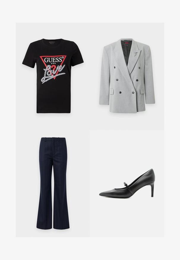 Grå dobbeltradet blazer med sorte knapper, skræddersyet pasform, hakkede revers og en dekorativ nål på venstre side.; Sort bomulds T-shirt med et rødt trekantet logo og "GUESS U.S.A." samt et krystinsat "Love" tekstdesign i hvid. Korte ærmer.; Mørkeblå stribede bukser med en slæbende design, lavet af et struktureret stof med flad front og bæltestropper for en tætsiddende pasform.; Sort læderspids højhælede sko med tynd rem og spænde over vristen, stående på en neutral lys baggrund.