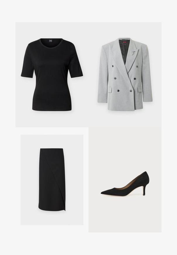 Veste grise croisée à double boutonnage avec des boutons noirs, coupe ajustée, revers crantés et une épingle décorative sur le côté gauche.; T-shirt noir ajusté à manches courtes avec col rond et étiquette de marque à l'intérieur du col arrière.; Jupe crayon noire longueur genou avec un détail de recouvrement asymétrique à l'avant sur fond blanc.; Escarpin en daim noir à bout pointu avec un talon stiletto fin de hauteur moyenne et un design à coupe basse sur un fond uni.