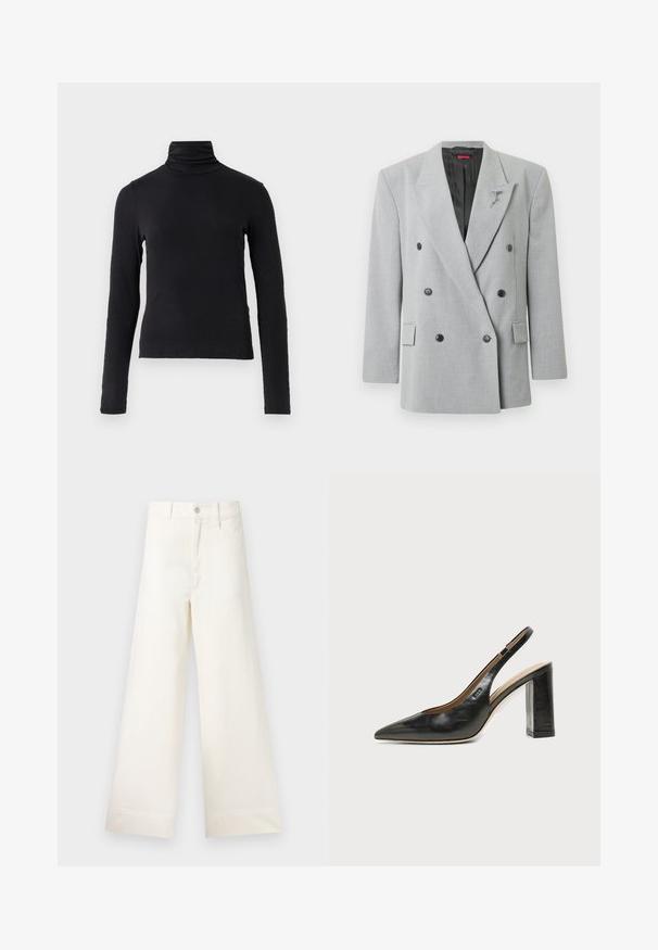 Grå dobbeltradet blazer med sorte knapper, skræddersyet pasform, hakkede revers og en dekorativ nål på venstre side.; Sort langærmet turtle-neck top lavet af et blødt, strækbart stof. Har høj krave og tætsiddende silhuet uden pynt.; Bredde benbukser i lys beige bomuld. Har høj talje, for- og baglommer samt lige pasform. Renset kantafslutning uden mønstre.; Sort læder peep-toe slingback sko med høj blokhæl og beige indvendig foring mod en ensfarvet lys baggrund.