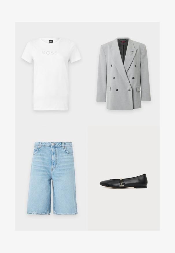 Veste grise croisée à double boutonnage avec des boutons noirs, coupe ajustée, revers crantés et une épingle décorative sur le côté gauche.; T-shirt blanc à manches courtes et col rond avec le texte "BOSS" composé de petits motifs circulaires sur la poitrine, présenté sur un fond uni.; Shorts en denim bleu clair longueur genou avec bouton à l'avant, fermeture éclair, passants pour ceinture et poches latérales sur fond blanc.; Chaussure plate en cuir noir avec bout arrondi et petit détail de boucle dorée sur le côté, présentée sur un fond clair uni.