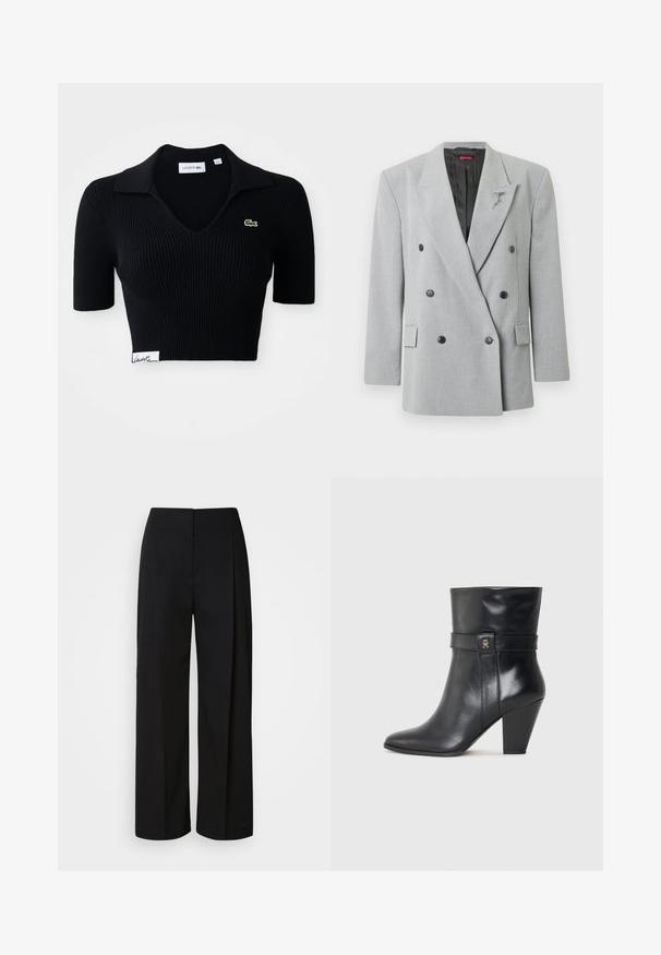 Grå dobbeltradet blazer med sorte knapper, skræddersyet pasform, hakkede revers og en dekorativ nål på venstre side.; Sort croppet polo skjorte lavet af ribbet stof med V-hals, korte ærmer og et grønt broderet logo på venstre bryst. Hvidt mærke i kanten.; Sorte højhåndede bukser med vide ben, skjult frontlukning, tilpassede syninger og et glat, struktureret stof.; Tommy Hilfiger Højhælede støvletter - black