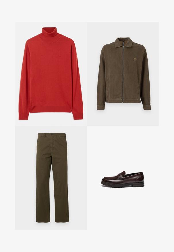 Brun og sort vertikalt stribet zip-up jakke med krave og sidelommer, som har et lille logo patch på brystet.; Rød strikket turtleneck sweater med lange ærmer, ribbet krave og manchetter. Har et diskret logo på brystet. Glat overflade.; Mandlige brune bomuldsbukser med lige ben, bæltestropper, frontknap og lynlås lukning mod en lys baggrund.; Brune læder loafers med en ruskindsdetalje, rund tå og tekstureret gummisål. Har syet detaljering og en let hæl.
