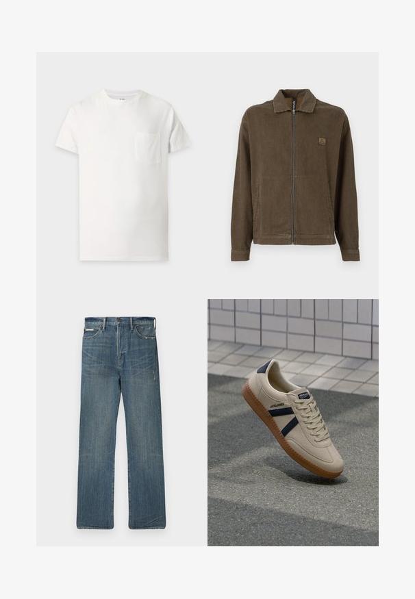 Veste zippée à rayures verticales marron et noires, avec col et poches latérales, présentant un petit patch logo sur la poitrine.; T-shirt blanc uni à manches courtes avec un col rond et une petite poche poitrine sur le côté gauche.; Jean en denim bleu à coupe décontractée, avec jambe droite, détails usés et design classique à cinq poches. Taille mi-haute.; Baskets beiges avec une finition texturée, bandes navy et semelle en caoutchouc. Équipées d'une languette rembourrée et d'un système de laçage traditionnel pour un maintien sécurisé.