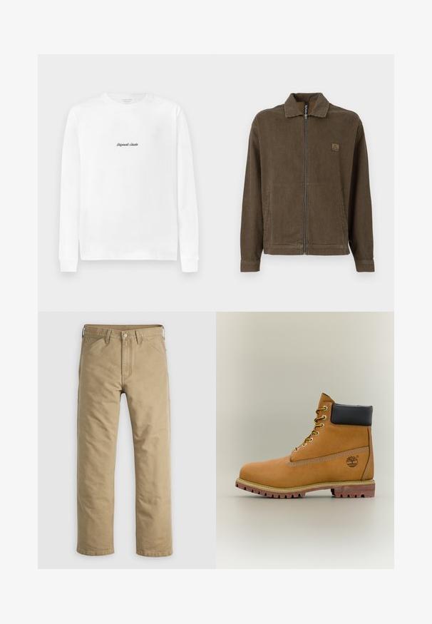Bruine en zwarte verticaal gestreepte ritsjack met kraag en zijzakken, met een klein logopatch op de borst.; Witte longsleeve T-shirt met een klein zwart scriptlogo "Originals Studio" gecentreerd op de borst.; Kaki katoenen broek met een rechte pijp, voorzakken en een knoopsluiting. Glad textuur en verstevigde naden voor duurzaamheid.; Bruine leren enkellaars met zwarte kraag, gele veters en een zandkleurige zool. Voorzien van een logo en witte stikseldetails. Robuuste loopzool met grip.