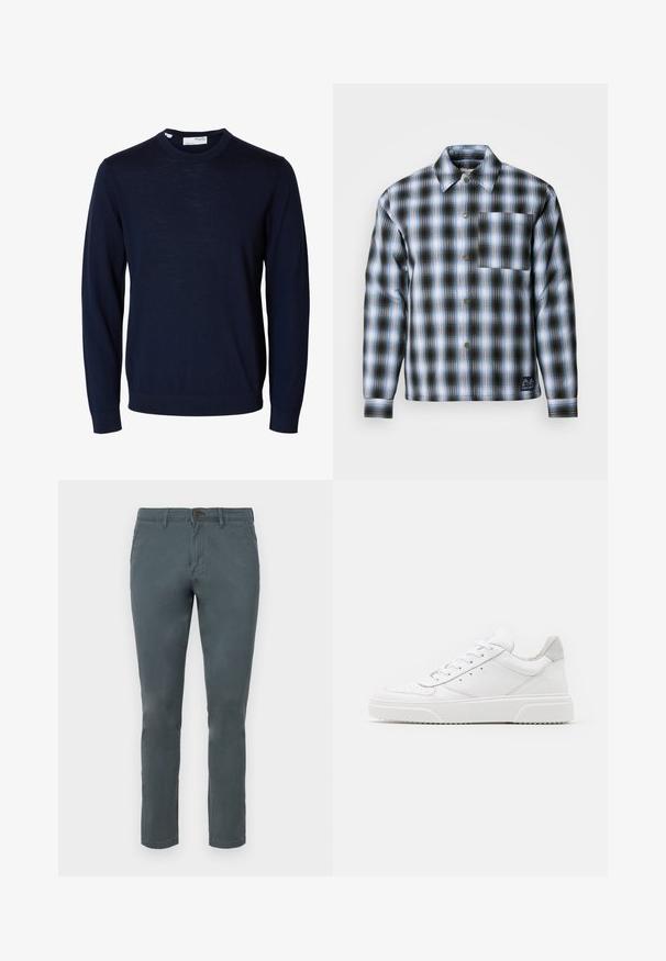 Scotch & Soda CHECK PADDED OVERSHIRT - Overgangsjakke - thyme / blue bonnet shadow; Marineblå langærmet crewneck-trøje med ribbede manchetter og kant, lavet af fint strikket stof.; Grå bomuldsblandingsbukser med slim fit, knaplukning og to frontlommer. Glat tekstur og lige ben-design.; Hvide lædersneakers med en glat finish, rund tå, flade snørebånd og en struktureret sål. Grå ruskindsdetalje ved hælen.