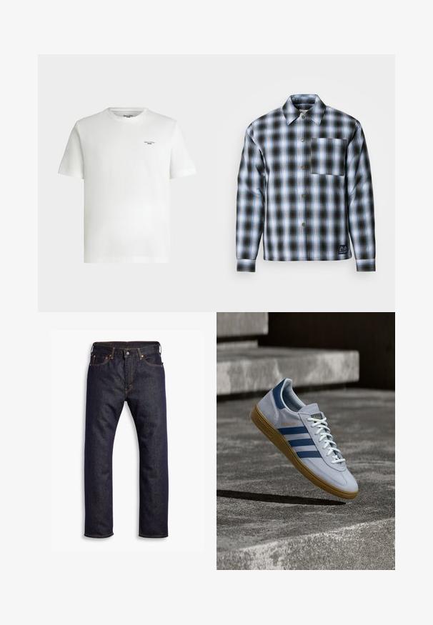 Scotch & Soda CHECK PADDED OVERSHIRT - Jas - thyme / blue bonnet shadow; Wit T-shirt met korte mouwen en een ronde hals met een klein zwart tekstlogo "Marc O'Polo DENIM" op de bovenste linkerborst.; Donkerblauwe recht gesneden denim jeans met vijf zakken en oranje contrasterende stiknaden, plat gelegd op een witte achtergrond.; Lichtblauwe Adidas Spezial sneaker met marineblauwe strepen en rubberen zool, getoond in de lucht boven betonnen trappen in een neutrale buitenomgeving.