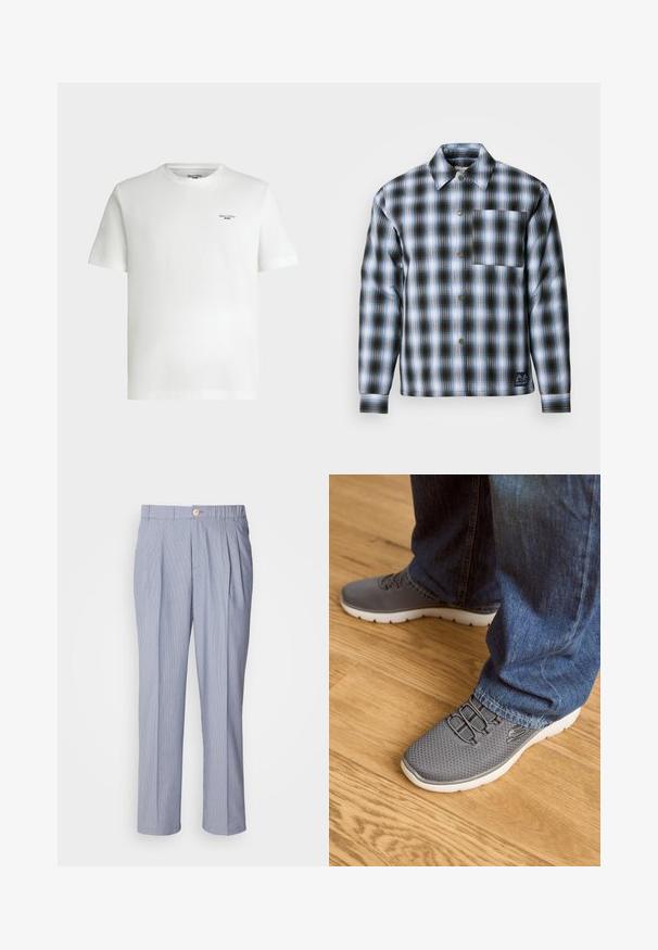 Scotch & Soda CHECK PADDED OVERSHIRT - Chaqueta de entretiempo - thyme / blue bonnet shadow; Camiseta blanca de manga corta con cuello redondo y pequeño logotipo de texto negro «Marc O'Polo DENIM» en la parte superior izquierda del pecho.; Pantalones rayados en azul claro y blanco, con cierre de botón, frente plisado y diseño de pierna recta. Tejido de textura suave.; Zapatillas deportivas grises con parte superior de malla, suela blanca y cordones elásticos. Combinadas con unos vaqueros de mezclilla azules, sobre un suelo de madera.