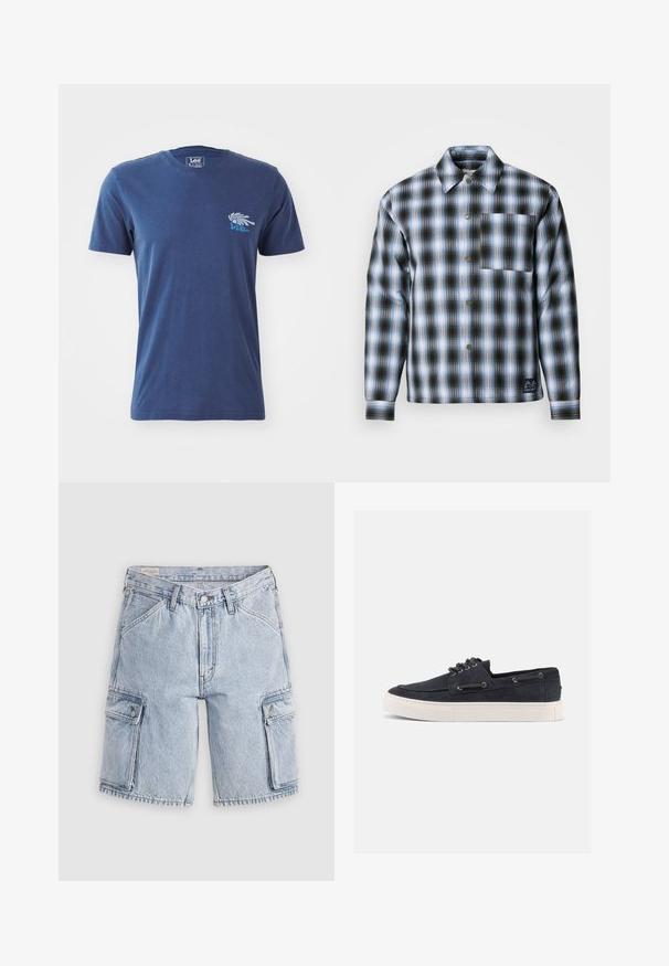 Scotch & Soda CHECK PADDED OVERSHIRT - Veste mi-saison - thyme / blue bonnet shadow; T-shirt en coton bleu marine avec manches courtes, encolure ronde et un design graphique d'une main et de texte sur la partie gauche de la poitrine.; Short cargo en denim bleu clair avec fermeture par boutons, passants pour ceinture, poches avant et poches latérales à rabat avec boutons sur fond gris.; Baskets décontractées en daim bleu marine avec semelle en caoutchouc blanche, lacets noirs et œillets en métal, vues de côté droit sur fond uni.