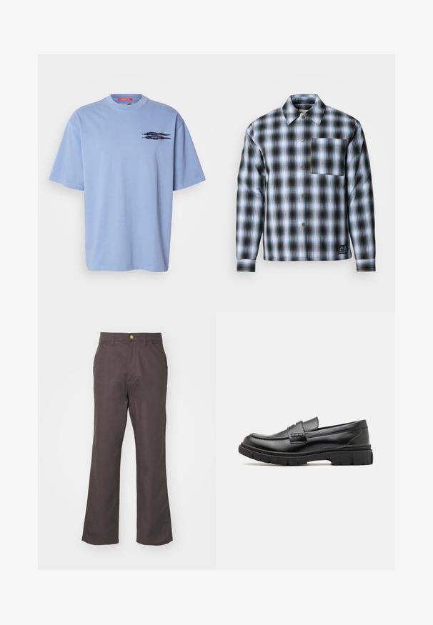 Scotch & Soda CHECK PADDED OVERSHIRT - Overgangsjakke - thyme / blue bonnet shadow; Lyseblå t-shirt med korte ærmer lavet af bomuld. Har en rund halsudskæring og et sort grafisk motiv af pile på den venstre brystområde.; Brune, lige ben bukser lavet af bomuld. Har en frontknap lukning, bæltestropper og sidelommer. Simpelt, rent design.; Sort læder loafersko med en bred rem over forfoden, gummisål med tykke mønstre og glat overflade. Klassisk, slankt design.