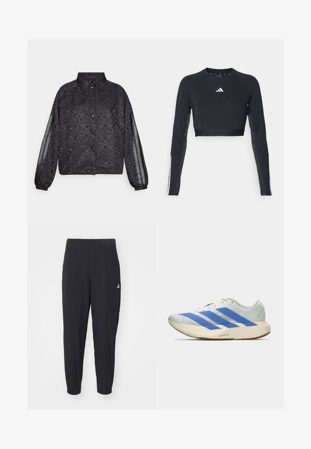 Schwarze Jacke mit floralem Muster, Knopfdesign, elastischen Bündchen und vertikalen transparenten Streifen an den Ärmeln.; Schwarzes, verkürztes Langarm-Workout-Oberteil aus glattem Material. Mit einem weißen Logo auf der Brust und gestreiften Akzenten an den Ärmeln.; Schwarze Sporthosen aus einem glatten Stoff. Tapered-Design mit elastischen Bündchen. Mit kleinem weißen Logo an der linken Hüfte.; Weißer Laufschuh mit drei blauen Streifen, hellbeiger dicker Sohle mit der Aufschrift "Lightstrike Pro," und weißen Schnürsenkeln vor einfachem Hintergrund.