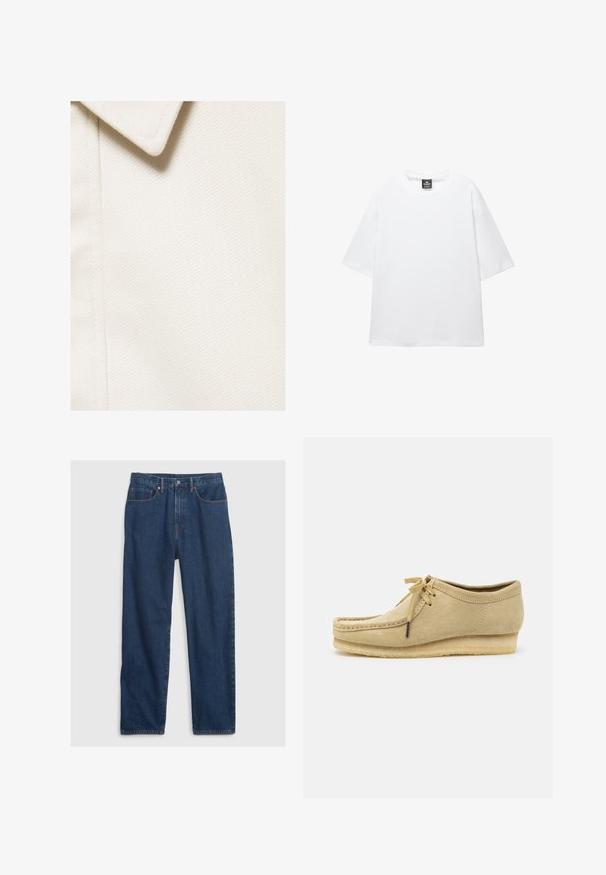 Nærbillede af en off-white tekstureret stof med en spids krave og en lodret sømdetalje på venstre side.; Hvid oversized t-shirt med korte ærmer, rund halsudskæring og blødt bomuldsstof. Har et sort mærke ved halsen. Ingen mønstre eller accenter.; Mørkeblå denim jeans med lige pasform, med fem lomme-design, topknap og kobbernitter.; Beige suedestøvle med snørebåndsdesign, syede detaljer og gummisål. Formen er afslappet med en let hæl.