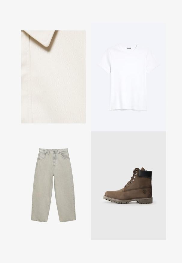 Nærbillede af en off-white tekstureret stof med en spids krave og en lodret sømdetalje på venstre side.; Enkelt hvid T-shirt med korte ærmer og rund hals med synligt WEEKDAY-mærke i kraven, vist på en lys baggrund.; Lysegrå vidde jeans i denim med forlommer, bæltestropper og knaplukning, vist fladt på en hvid baggrund.; Brune læder ankelstøvle med sort krave, metaløjer og slidstærk grå sål. Har logo på siden og syet detaljer.