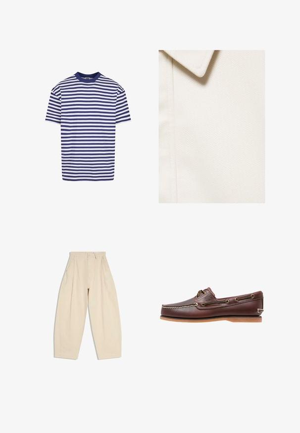 Nærbillede af en off-white tekstureret stof med en spids krave og en lodret sømdetalje på venstre side.; T-shirt med korte ærmer i striber med marineblå og hvide vandrette striber, rund halsudskæring, afslappet pasform og blødt bomuldsstof.; Beige bukser med vidde i benene, højtaljede, med plisseringer, sidelommer, bæltestropper og knaplukning foran i linningen.; Brun læder bådsko med hvide sømme, snøre detaljer og lysbrun gummisål, vist fra siden på hvid baggrund.